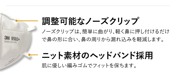 調整可能なノーズクリップ ノーズクリップは、簡単に曲がり、軽く鼻に押し付けるだけで鼻の形に合い、鼻の周りから漏れ込みを軽減します。,ニット素材のヘッドバンド採用 肌に優しい編みゴムでフィットを保ちます。